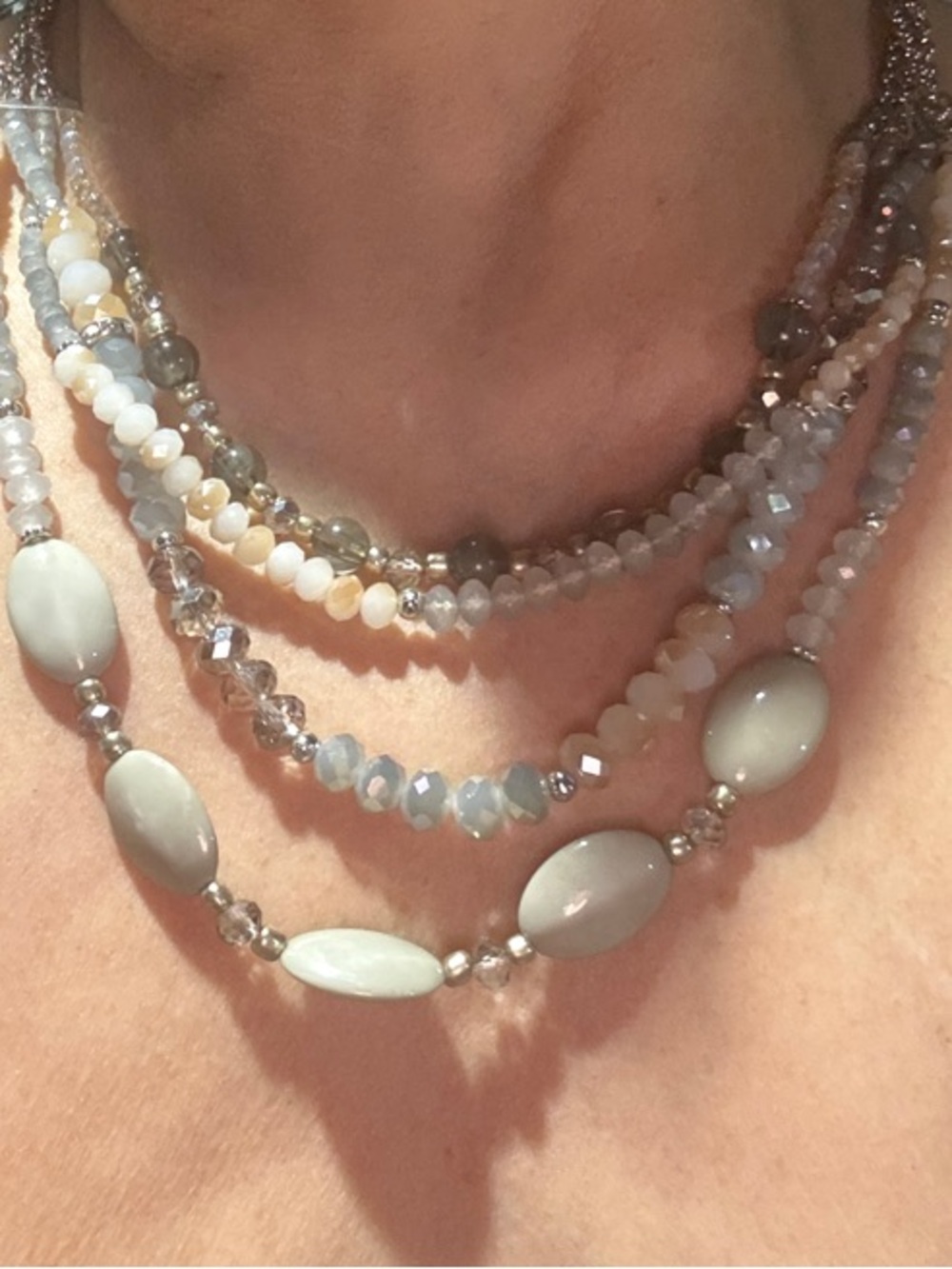 Multi-Strand White and Gray Beaded Necklace - Women Jewelry